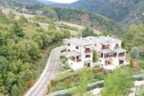 Πέτρινη διώροφη κατοικία στο βουνό με τζάκι.